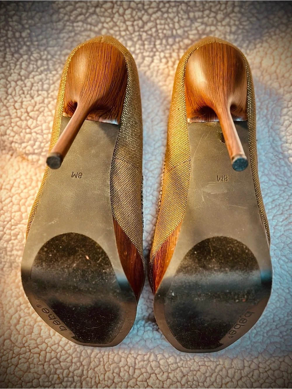 BeBe Brown/Gold Peep-Toe Platform Heels